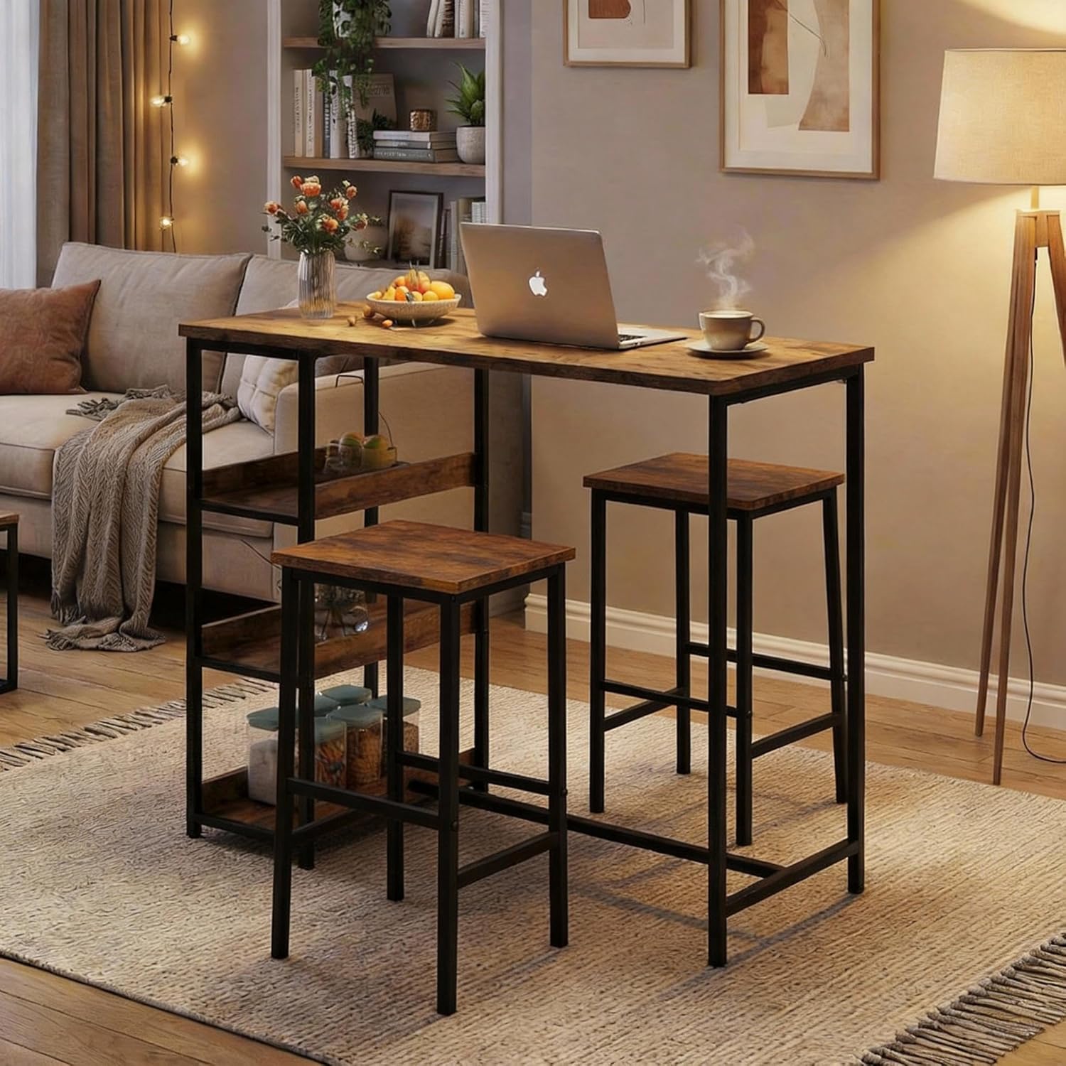 GarveeHome 3-Piece Kitchen Table Set with Storage Shelves & 2 Bar Stools - Iron and Wood Dining Table for Small Spaces, Apartments, Condos, Rustic Brown