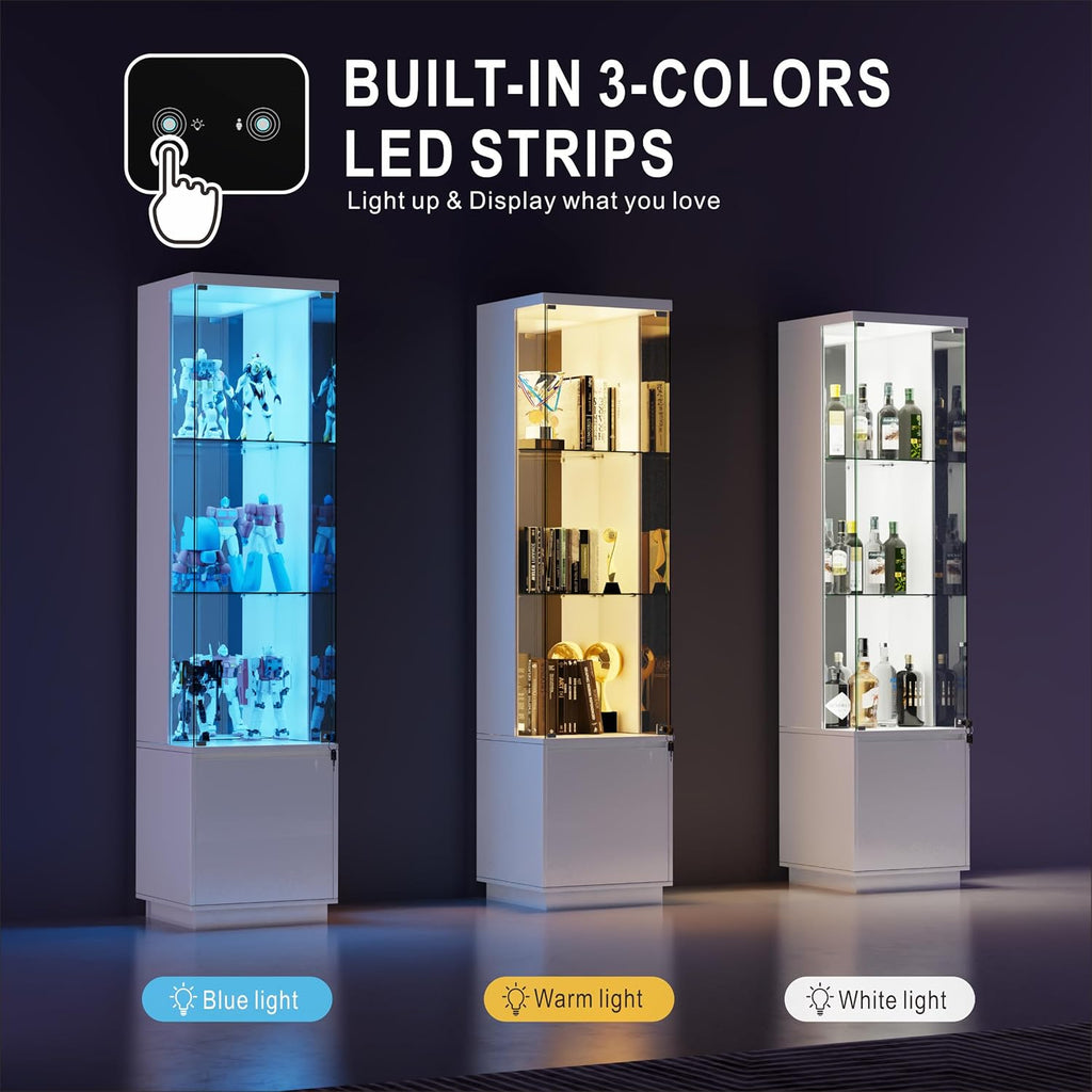 65"H Corner Display Cabinet with Glass Doors and Sensor Lights,lock,White | Lighted Glass Display Cabinet with 3-Tier Glass Shelves,Corner Curio Cabinet with 3 Color Lights for Collectibles