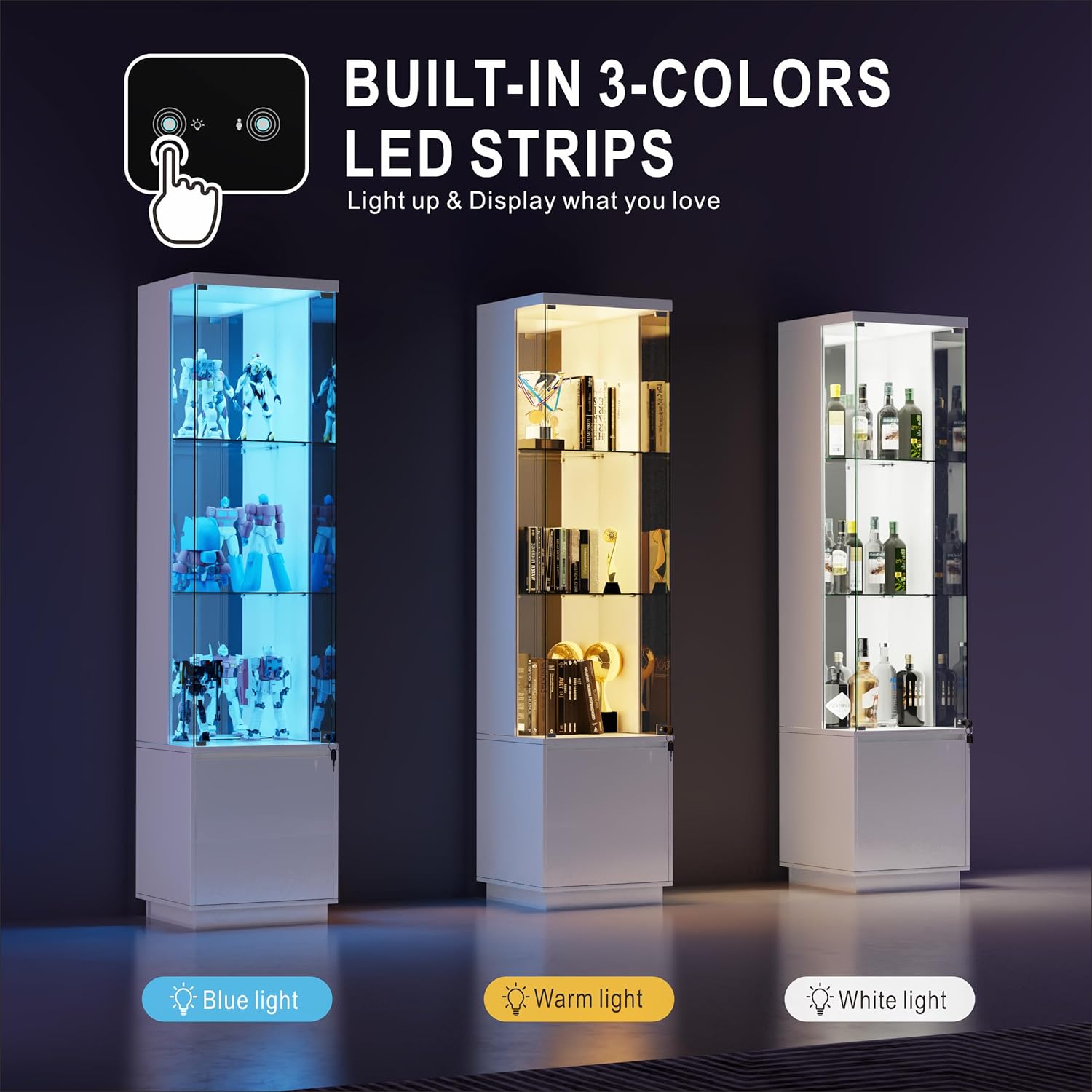 65"H Corner Display Cabinet with Glass Doors and Sensor Lights,lock,White | Lighted Glass Display Cabinet with 3-Tier Glass Shelves,Corner Curio Cabinet with 3 Color Lights for Collectibles