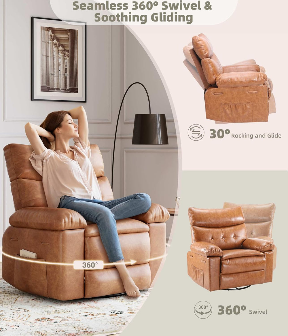 GarveeHome Leather Recliner Chair - Heat and Massage, Swivel Rocker Manual Re...