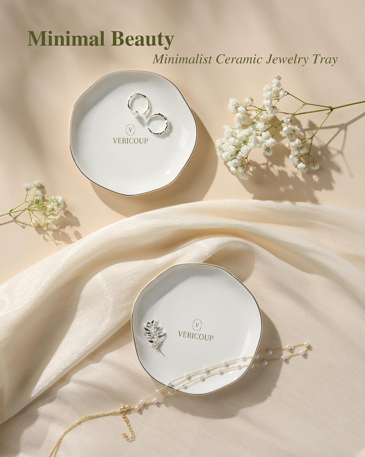Ceramic Jewelry Dish | Cream White Ring & Earring Tray, 4.5 Inch Round Home Decor Gift for Bride, Engagement, Women