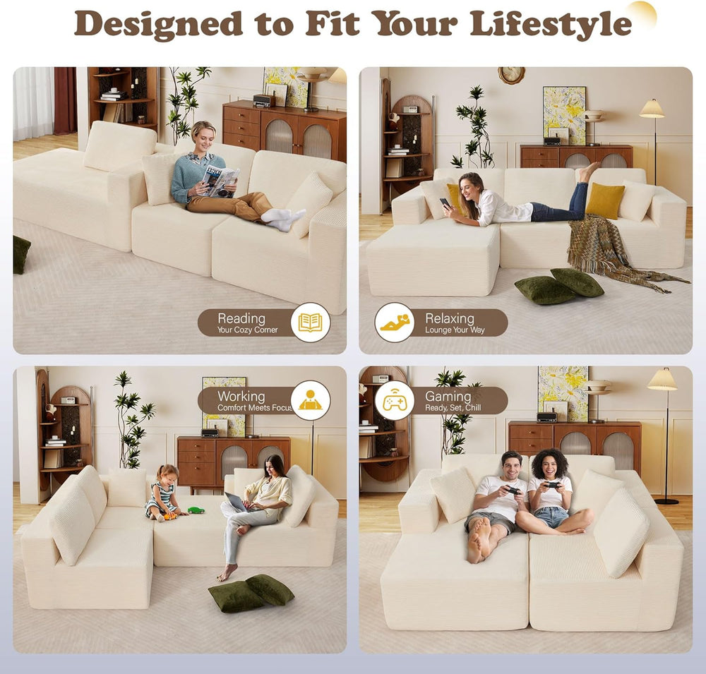 109” Cloud Sectional Couch, Modular Sofa with L-Shape Chaise, Deep Seat Cordu...