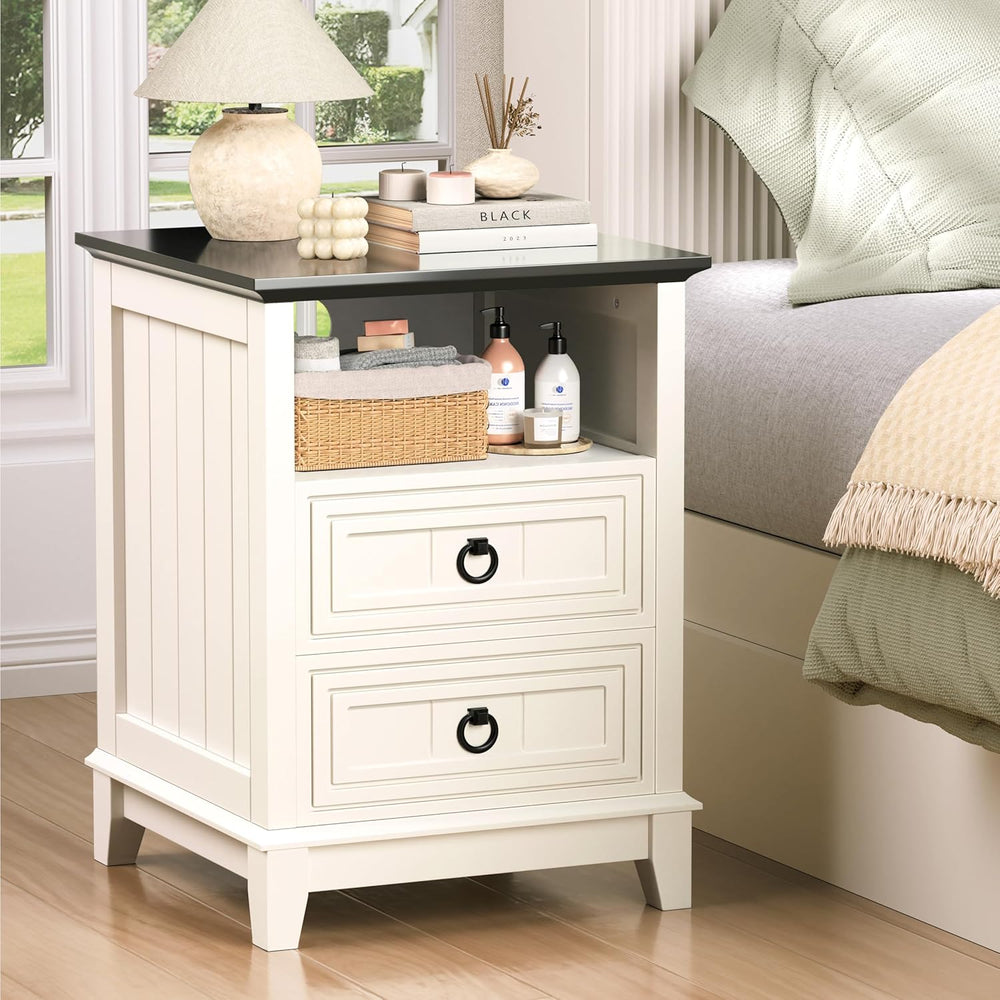 Farmhouse Nightstand, 24" Wooden Couch Side Table with 2 Drawers & O...