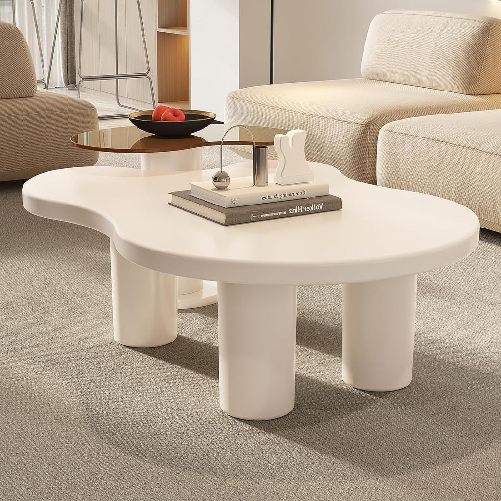 Modern Nesting Coffee Table Set of 2 Irregular Cloud Shape Cream White Center Table Space Saving eAccent Tables for Living Room Apartment Bedroom Office Minimalist Decor
