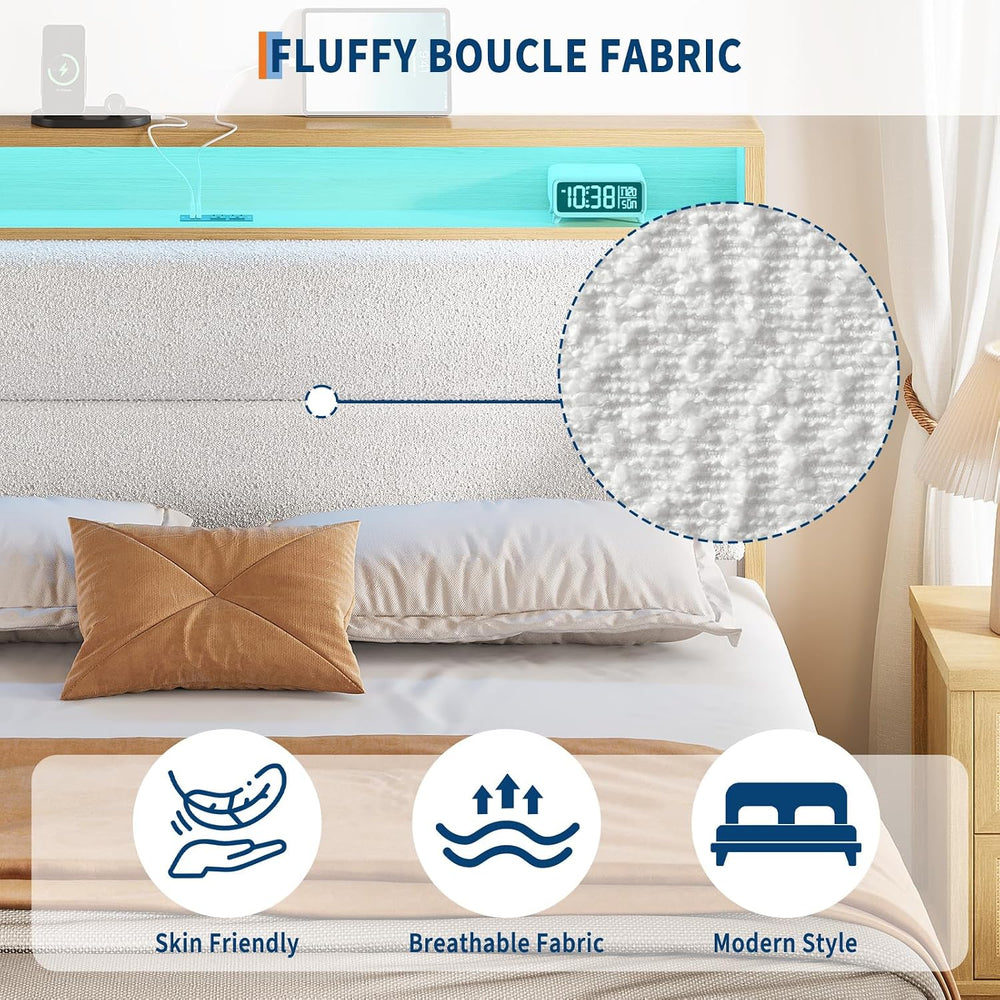 Patikuin LED Lighting & Storage Headboard Boucle Platform Bed Frame – Que...