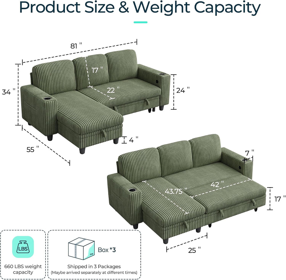 LINSY HOME Sectional Couch with Pull Out Bed, 81" 3 Seat Sleeper Sofa Green