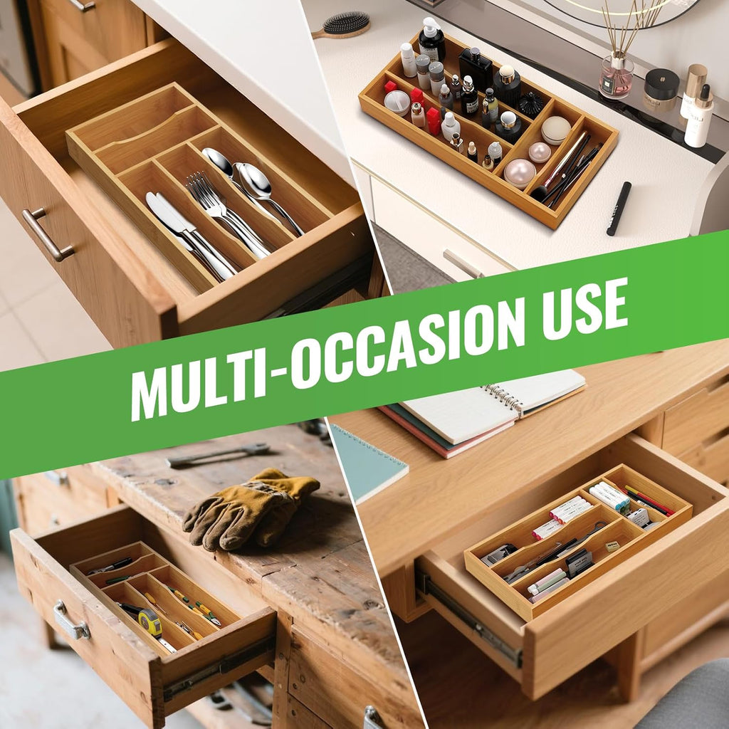 Small Silverware Organizer, Bamboo Kitchen Drawer Cutlery Organizer, Utensil Holder, Flatware Organizer Tray (6.7"x14.2"x1.6")