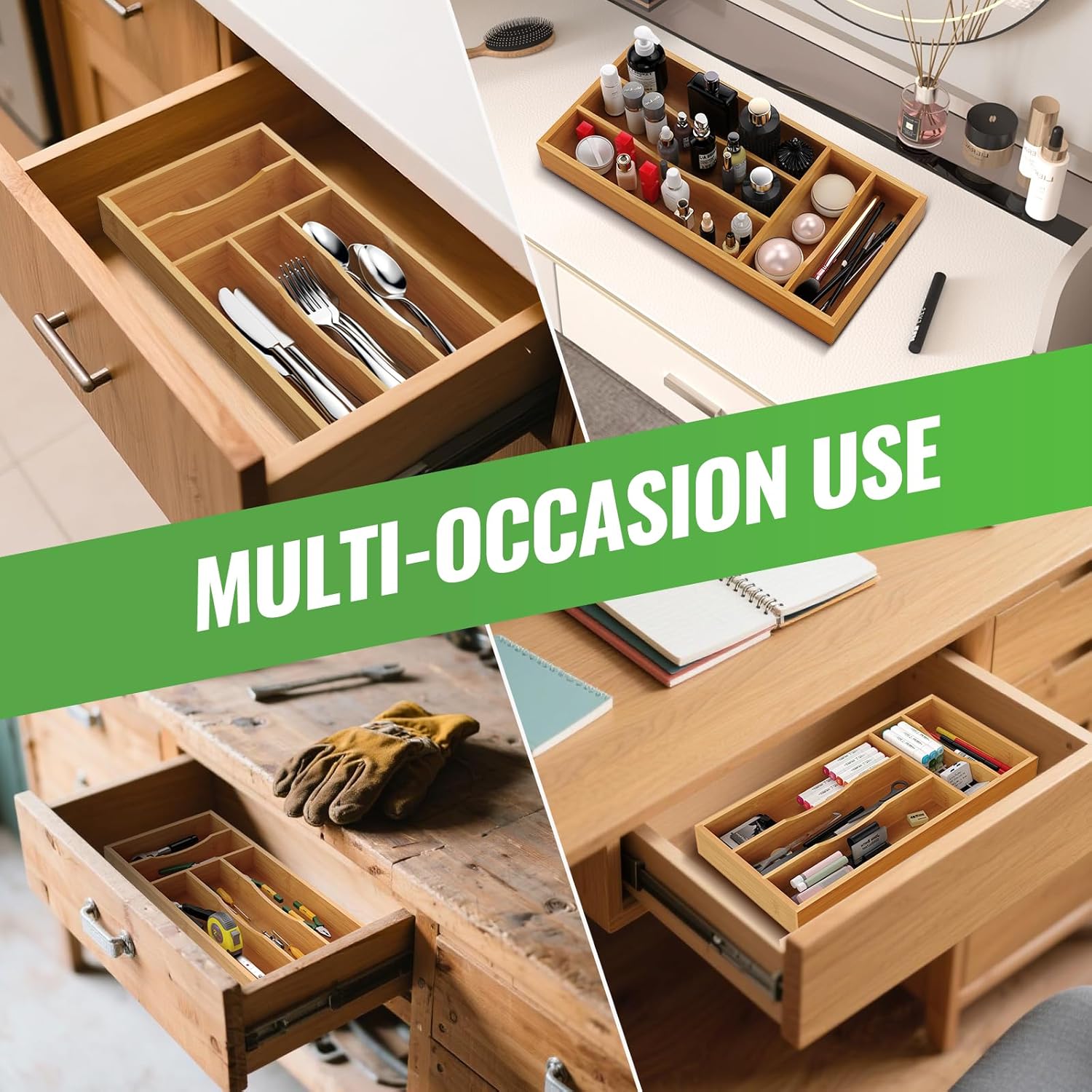 Small Silverware Organizer, Bamboo Kitchen Drawer Cutlery Organizer, Utensil Holder, Flatware Organizer Tray (6.7"x14.2"x1.6")