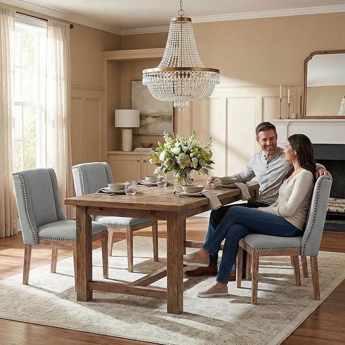 Dining Chair Set of 4, Fabric Upholstered Kitchen Side Chairs with Wooden Legs for Kitchen & Restaurant Use, LightGrey