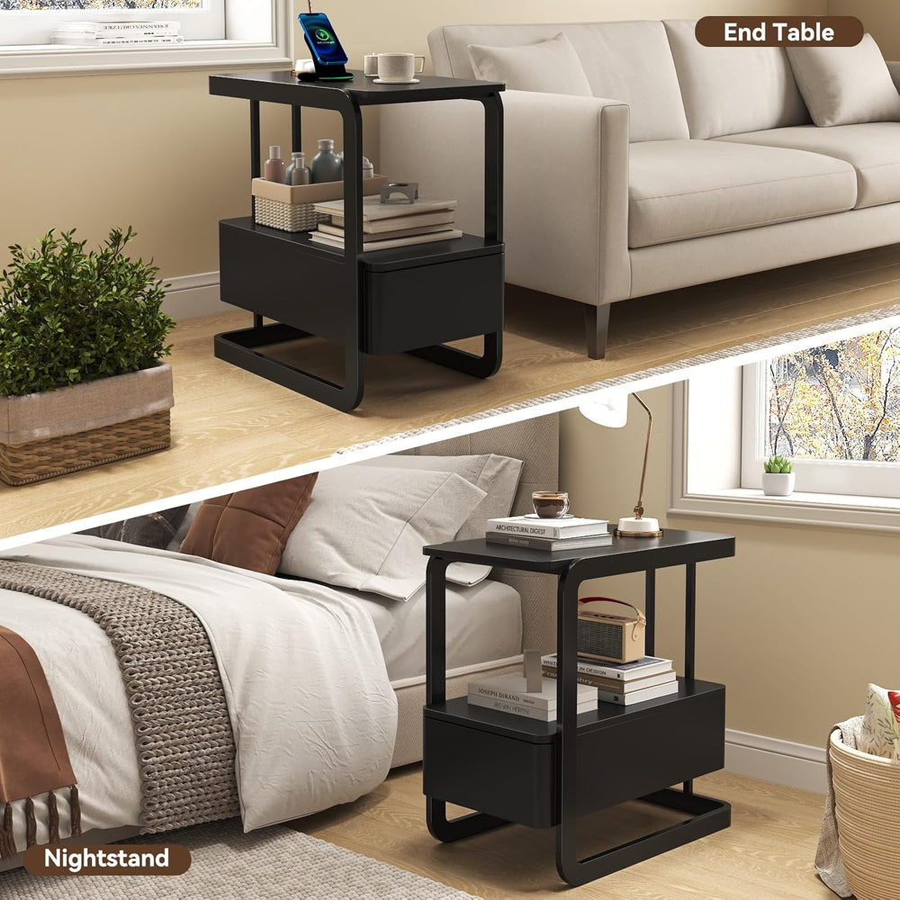 23.6" Tall Narrow Side Table with Drawer and Open Shelf – Modern End Tab...