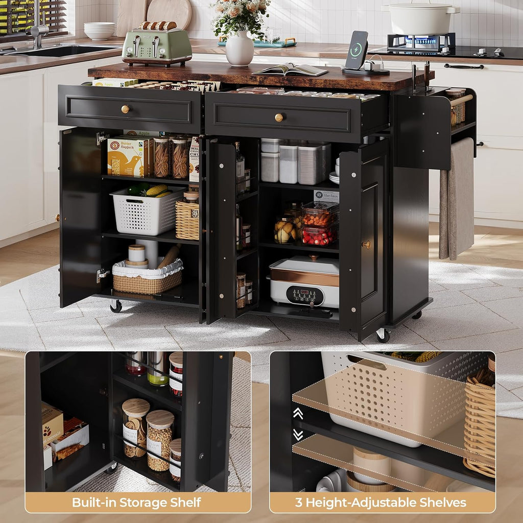 58 Inch Kitchen Island with Storage Cabinet, Island Table for Kitchen, Rolling Islands Cart with Power Outlet, Adjustable Shelves, Drawers, Spice and Towel & Knife Racks, Black