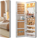 HNEBC LED Mirror Jewelry Cabinet,47.2" Wall Mounted Jewelry Organizer with Full-Length Mirror,Over The Door Hanging Jewelry Armoire Storage Cabinet,Folding Dresser,2 Drawers,Lockable, 3 Shelves(White)