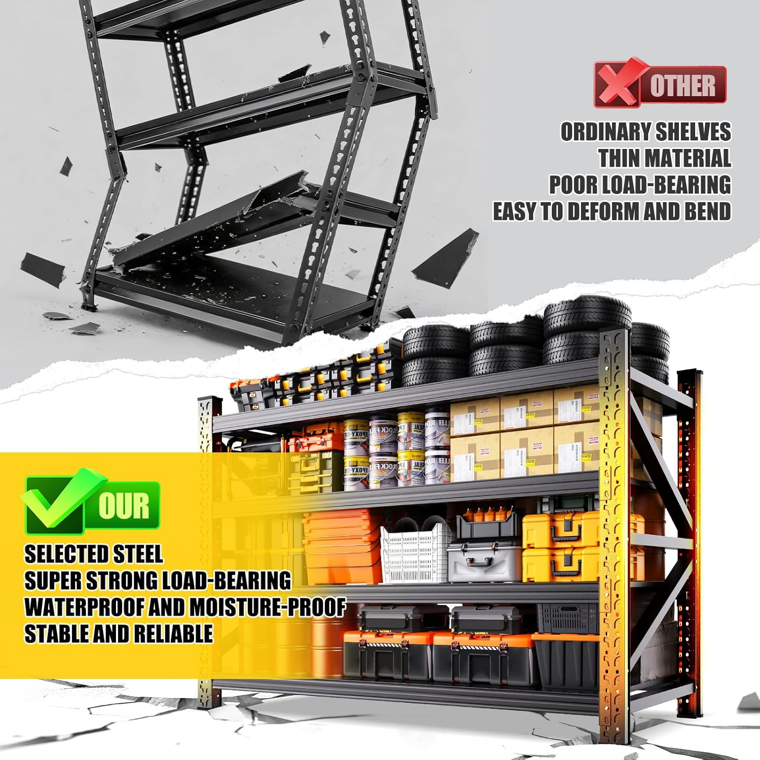 69"Wide Garage Shelving 5000LBS Heavy Duty Storage Shelves, 4 Tier Metal Shelving Unit,Adjustable Heavy Duty Shelving for Garage, Basement, Warehouse, Storage Room, 69" W x 24" D x 64" H Black