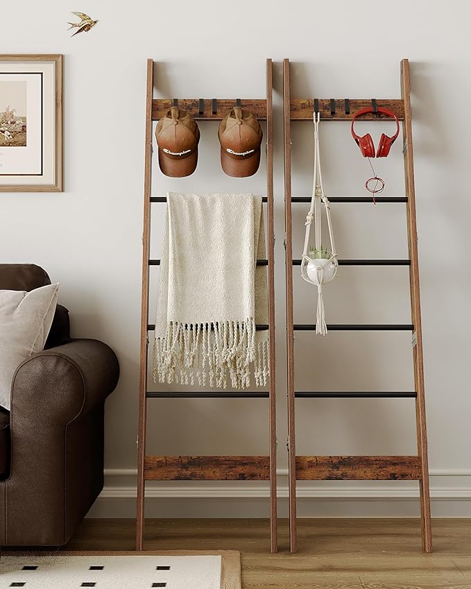 Blanket Ladder for Living Room, Decorative Quilt Rack with 4 Removable Hooks, 5-Tier Farmhouse Ladder Holder Shelf Organizer for Bedroom, Rustic Brown and Black BR31501B