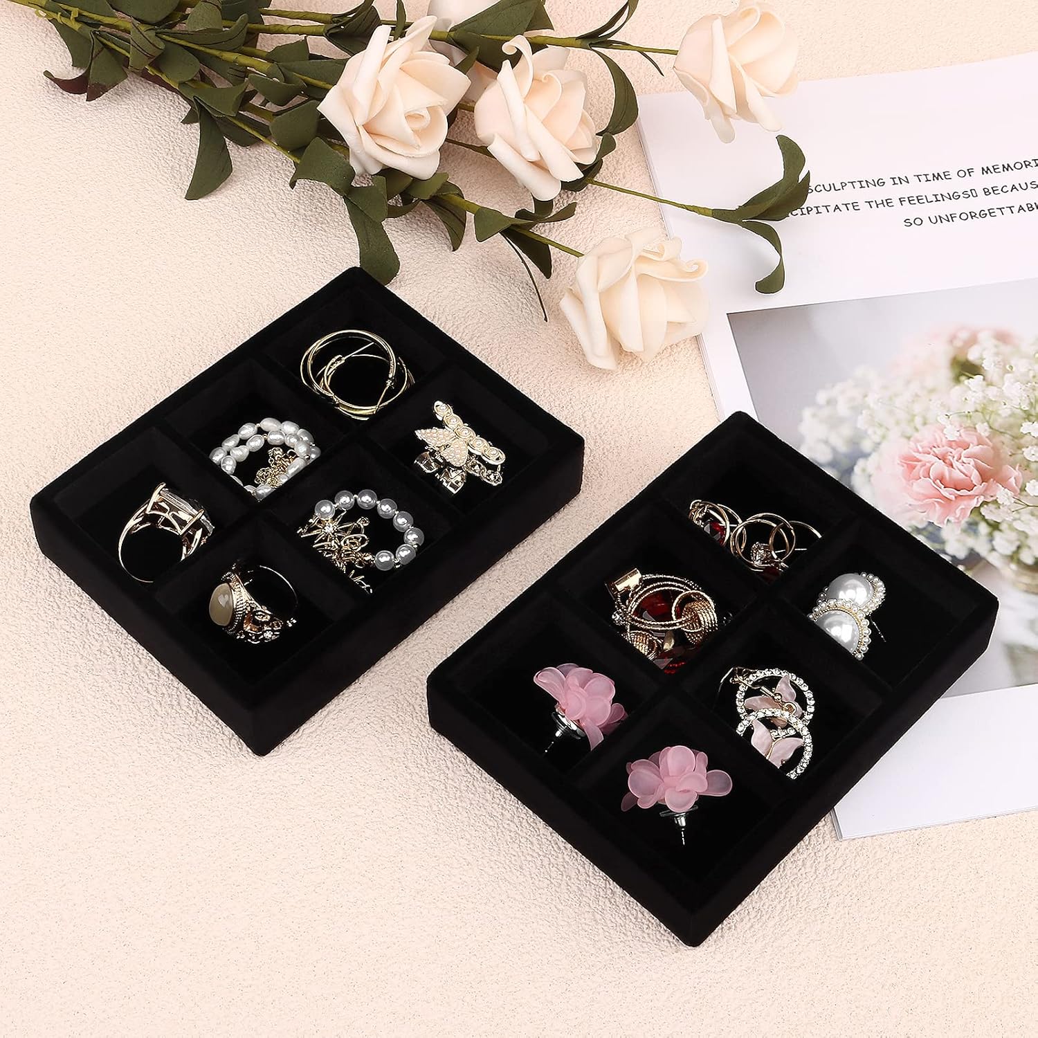 DesignSter Small Jewelry Tray-Ring Organizer 2PCS Premium Velvet Rings Earrings Display Tray Storage Insert Holder for Jewelry Box, Drawer, Dresser (6 Grids, Black)