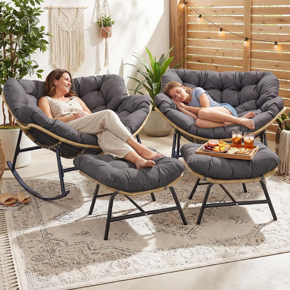 Outdoor Rocking Papasan Chair Set of 2 with Cushions, Comfy Oversized Padded ...