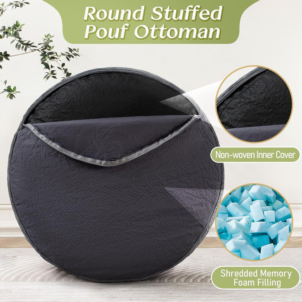 Round Corduroy Footstool Pouf for Couch | Soft plush shredded foam filled has...