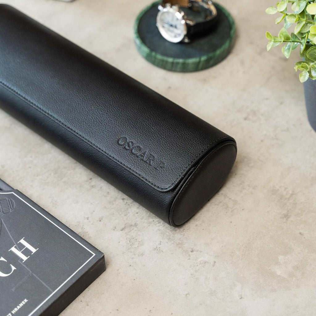 DailyWatch | Personalized Watch Roll Travel Case For 4 Watches - Handmade Genuine Leather Travel Case With Custom Engraving of Name or Initials - All Black