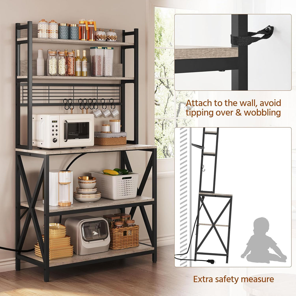 Yaheetech Kitchen Bakers Rack with Power Outlet & LED Lights, 5 Tiers Coffee Bar Table with 8 S Hooks, 64 Inches Tall Microwave Oven Stand with Storage for Spices, Pots, Gray