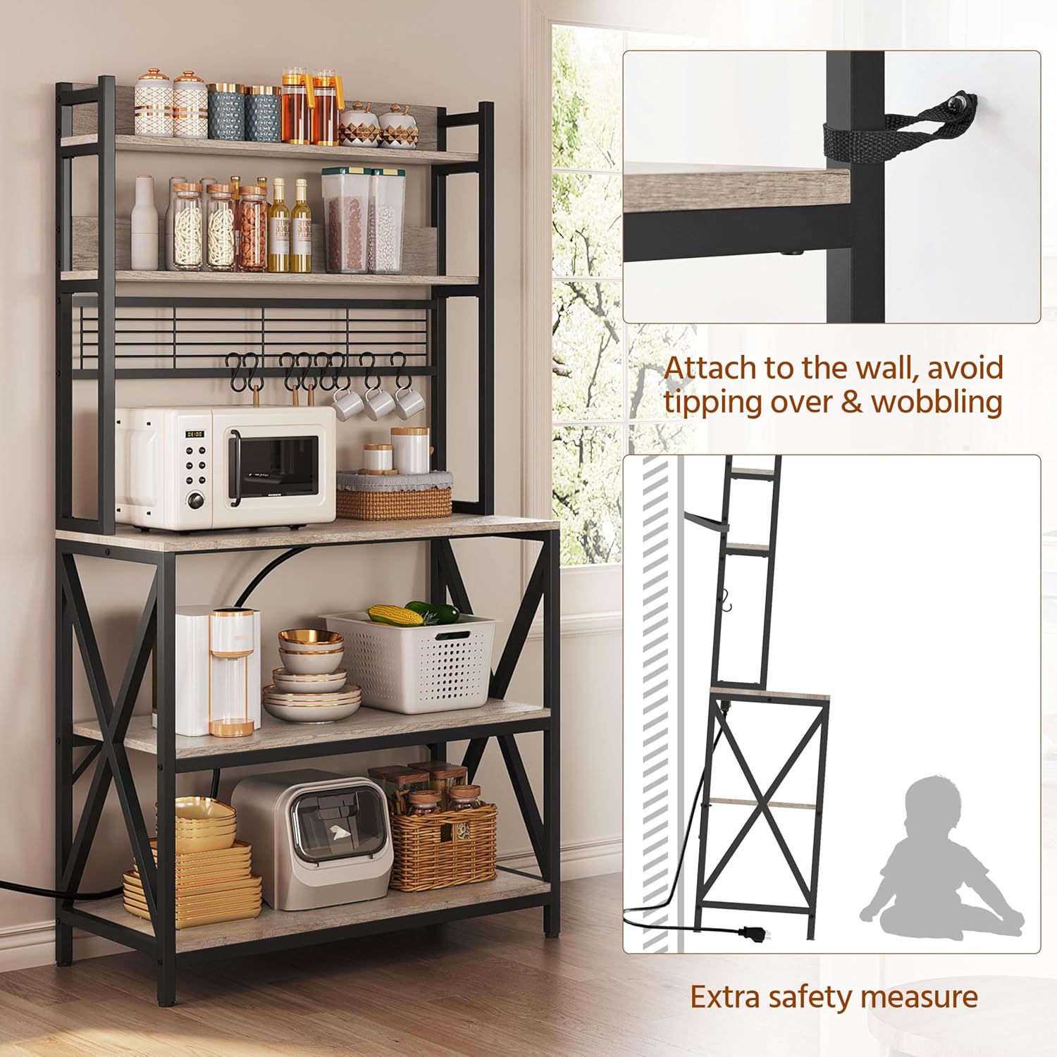 Yaheetech Kitchen Bakers Rack with Power Outlet & LED Lights, 5 Tiers Coffee Bar Table with 8 S Hooks, 64 Inches Tall Microwave Oven Stand with Storage for Spices, Pots, Gray