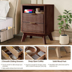 Fluted Nightstand - 24" Modern Bedside Table w/ 2 Drawers, Wood Bed Side End Table with Open Shelf, Night Stand with Storage Drawer, Curved Design Night Stands for Bedroom Living Room (Walnut)