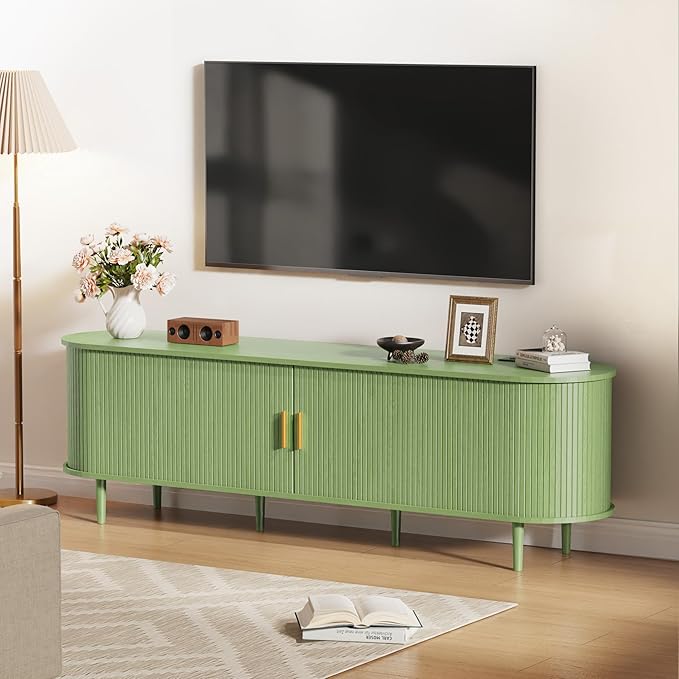 DHH 70.8 Inch Mid Century Modern TV Stand with Power Outlet for TVs up to 80 Inch, Entertainment Center with Storage and Adjustable Shelves, Media Console with Sliding Doors for Living Room(Green)