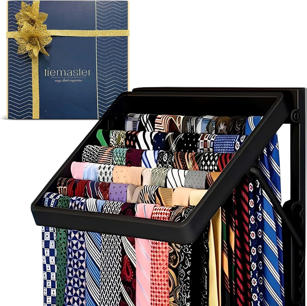 TieMaster Tie Rack and Scarf Organizer, Battery-Free Design, Holds 60 Ties and Scarves with 5 Belt Hooks, Easy Installation, Wall Mounted Tie Organizer, Luxury Gift for Men & Women