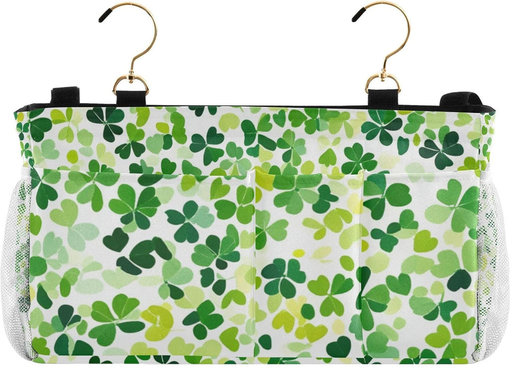 Bright Green Clover St. Patrick Bedside Caddy for Dorm Bed Bedside Hanging Caddy Bag Iron Frame Storage Organizer Pocket for Bunk Home College Hospital Beds 2 Hooks