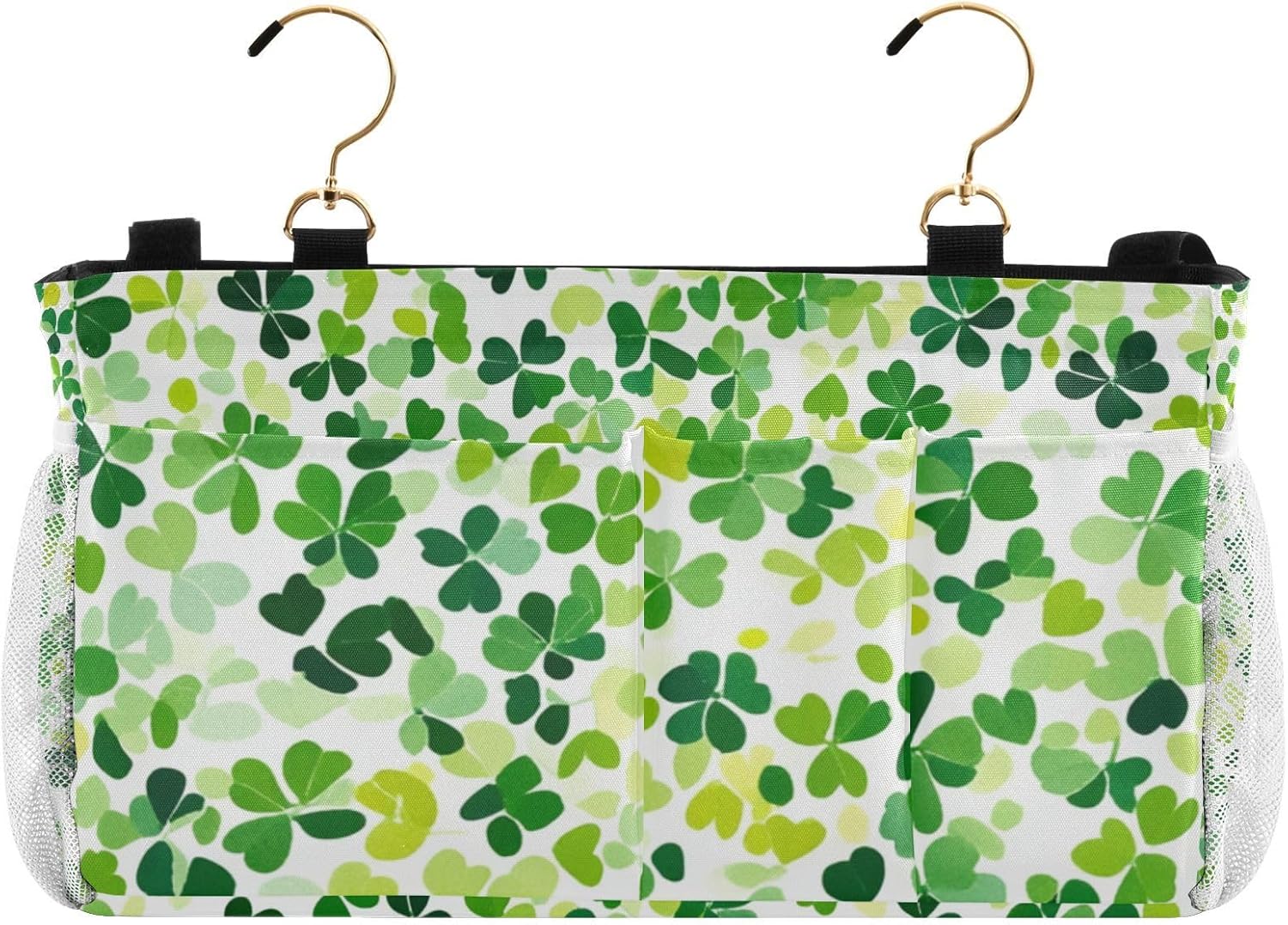 Bright Green Clover St. Patrick Bedside Caddy for Dorm Bed Bedside Hanging Caddy Bag Iron Frame Storage Organizer Pocket for Bunk Home College Hospital Beds 2 Hooks