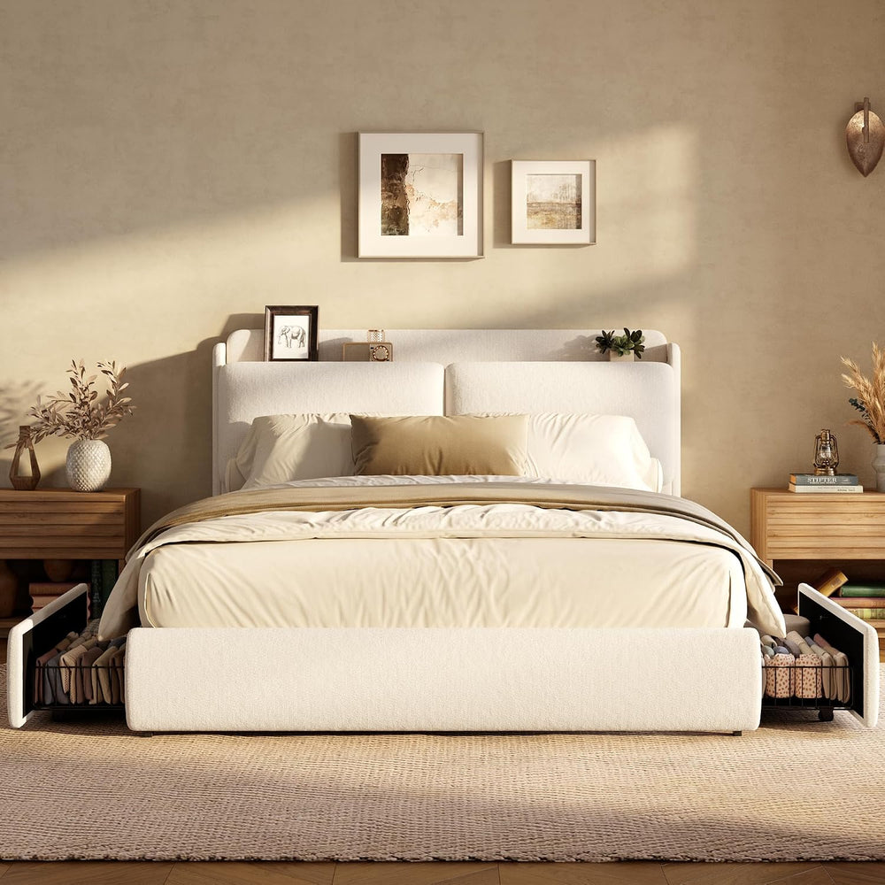 Garvee Chenille Fabric Queen Size Bed Frame with 2 Storage Drawers - Beige