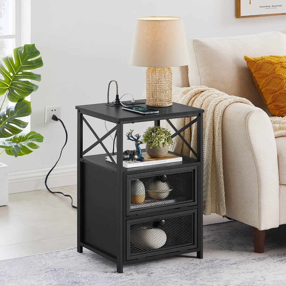 VECELO Black End Table with USB Ports and Outlets,24 Inch Nightstands with Ch...