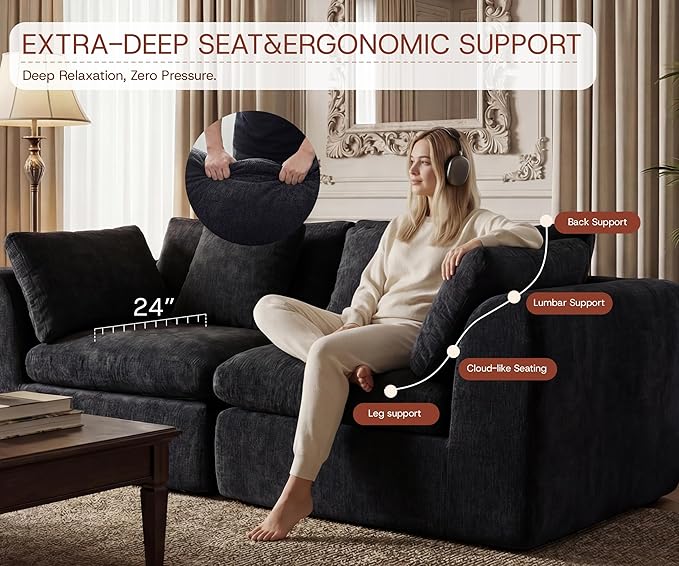 79'' Oversized Cloud Sectional Boneles Loveseat for Living Room, Modern Big Compressed 2 Seater Couch with 2 Throw Pillows, Comfy Chenille Deep Seat Memory Foam Spineless 2 Person Couch, Black | No Assembly Needed, Premium Chenille, Flexible Modular, W...