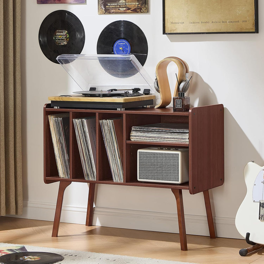Lerliuo Record Player Stand with 4 Cabinet Holds Up to 220 Albums,Walnut | La...