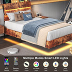 Feonase Twin Floating Bed Frame with Led Lights and Charging Station, Wood Twin Size Bed Frame with Storage Headboard, Heavy Duty Metal Slats, No Box Spring Needed, Easy Assembly, Vintage Brown