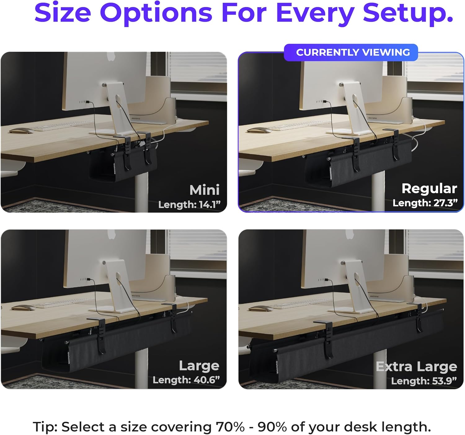 Ascrono Original No Drill Under Desk Cable Management Tray 27.3" - Premium Black Fabric Cable Management Under Desk - Clamp/Screw Mount Cord Organizer - Supports Upto 66lbs