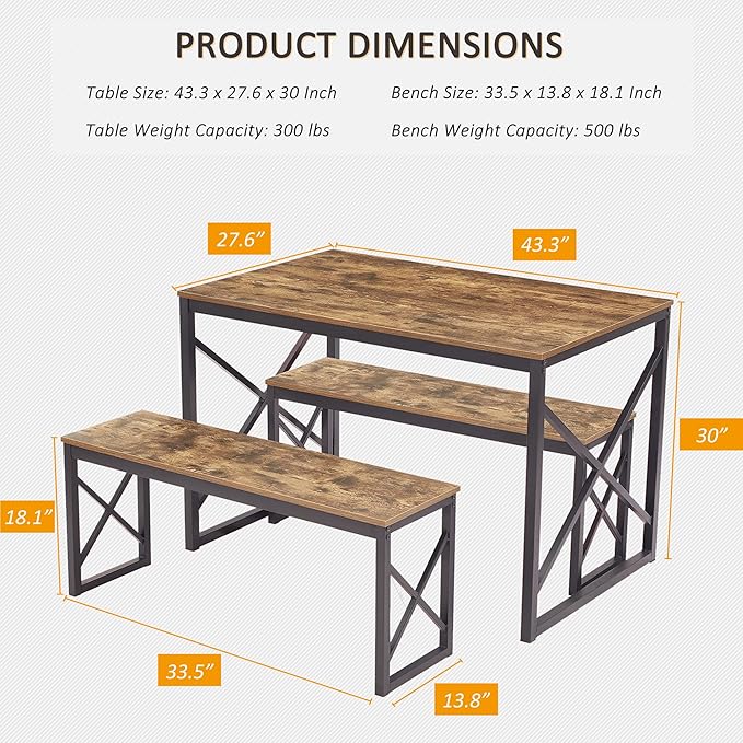 VECELO 43.3 Inch Dining Table Set for 4, Rectangle Dinner Breakfast Dinette with 2 Benches, Thickened Metal Frame & Board, for Kitchen, Living Room, and Small Space, Rustic Brown