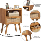 Lerliuo Rattan Nightstand with Charging Station, Side Table with Drawer, Cane Accent Bedside End Table with Solid Wood Legs, Night Stand for Bedroom, Dorm and Small Spaces (Tea Brown)