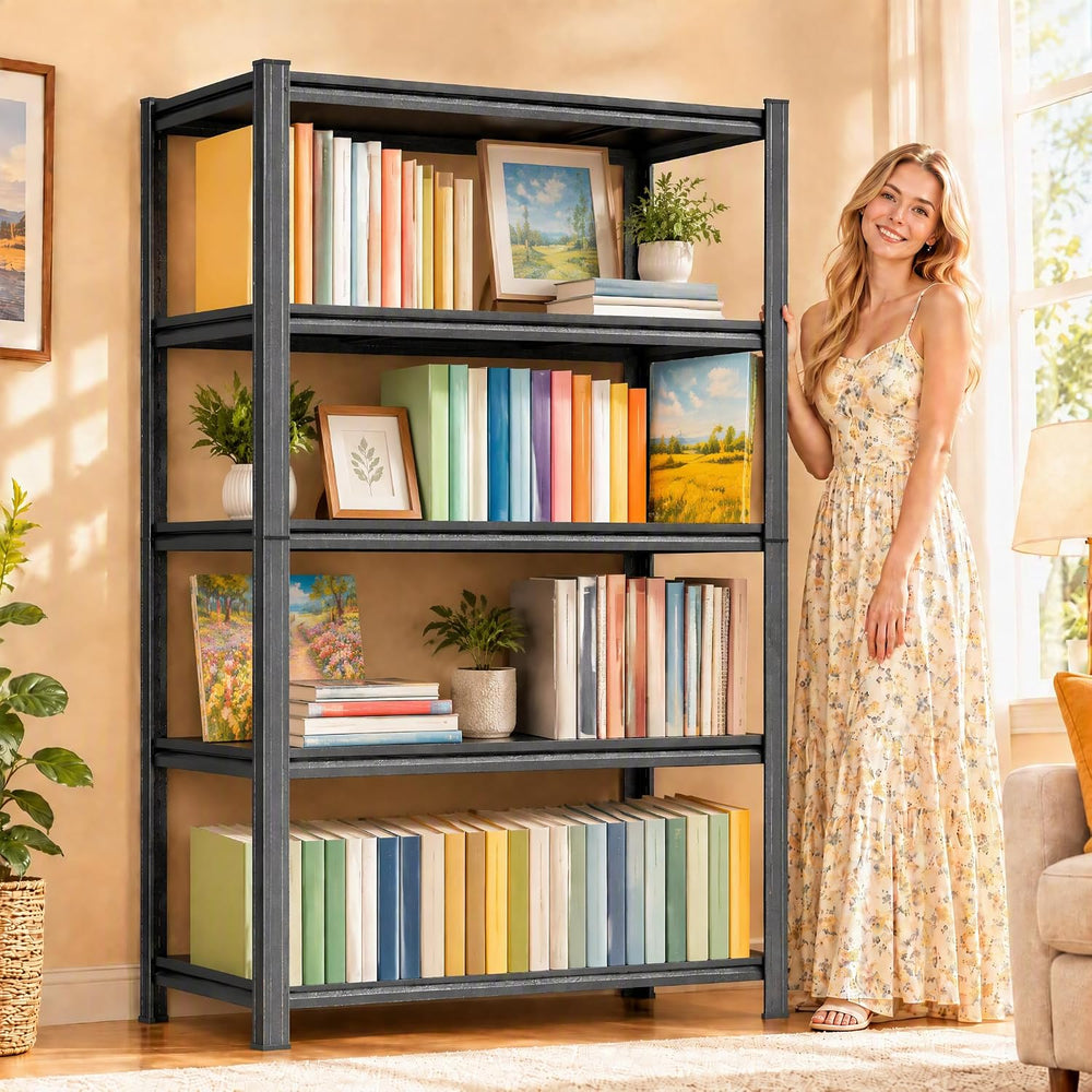 Bolt-Free Metal Bookshelf, Adjustable Tall Bookcase Freestanding Book Shelf, ...