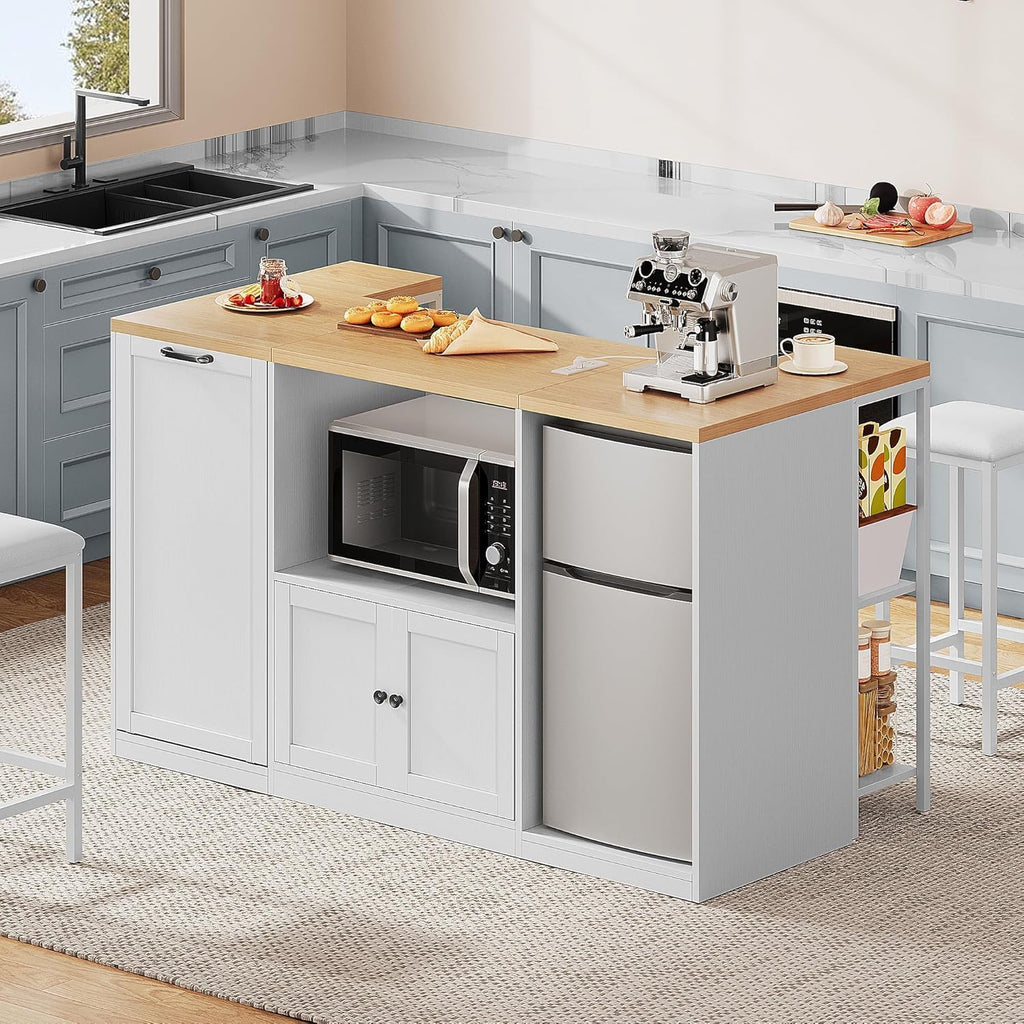 Kitchen Island with Seating, 67" Large Island Table with Trash | Bin for Dining Room, Kitchen Island on Wheels with Power Outlet & Open Shelves, Storage with Small Fridge Organization, White