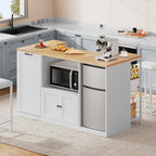 Kitchen Island with Seating, 67" Large Island Table with Trash | Bin for Dining Room, Kitchen Island on Wheels with Power Outlet & Open Shelves, Storage with Small Fridge Organization, White