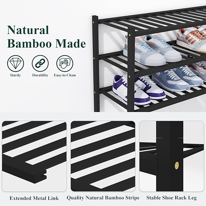 Smiry Shoe Rack, 2 Tier Thick Bamboo Shoe Organizer, Stackable Free Standing Wooden Shoe Storage Shelf for Closet, Entryway, Front Door Entrance, Black