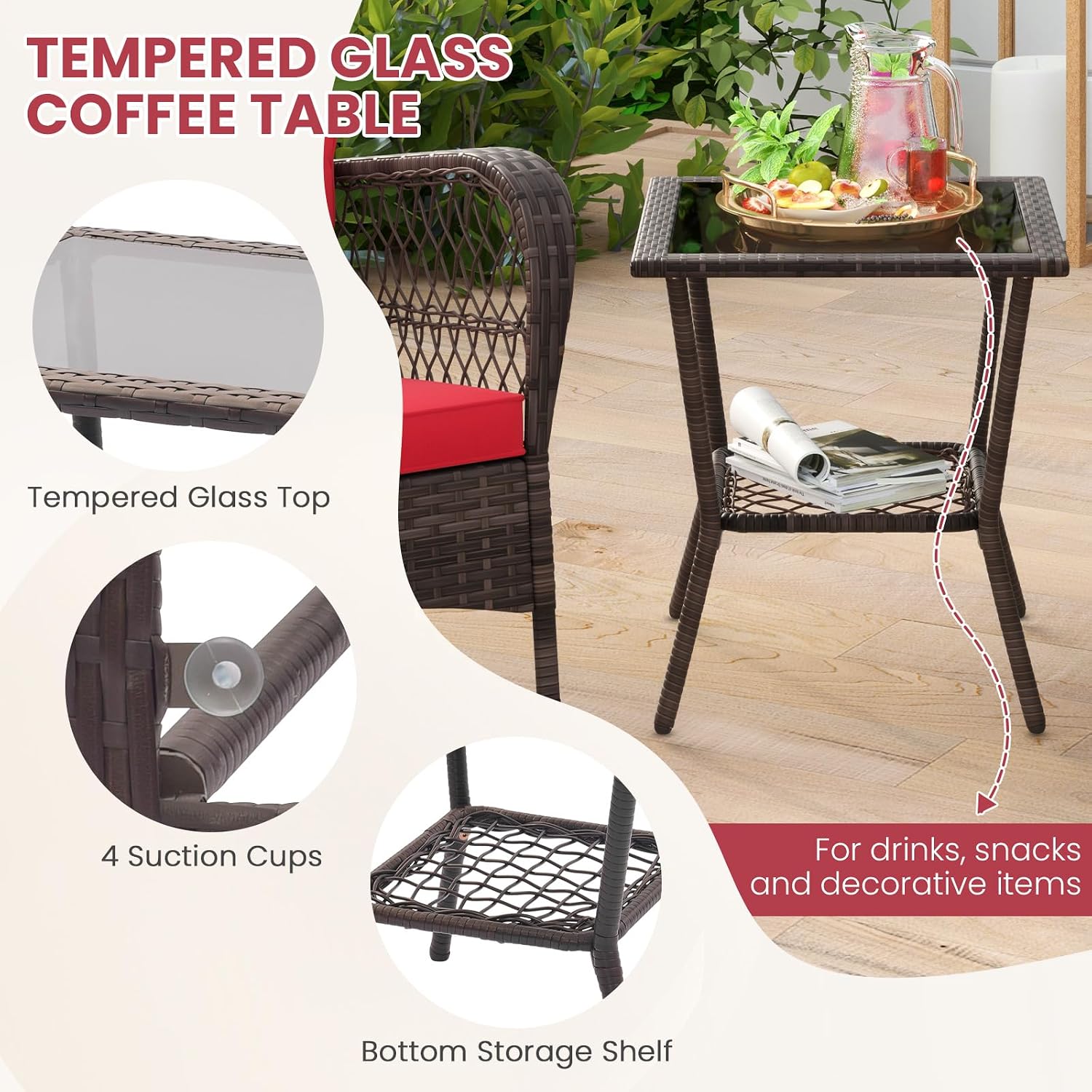 ORALNER 3 Pieces Patio Rocking Chair Set, Wicker Bistro Set (Red) | Outdoor Furniture, Rattan Rocker Set, Cushions, Pillows, Glass Coffee Table, for Balcony Front Porch Poolside Garden Deck