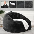Giant Plush Bean Bag Chair for Adults with Armrests, BeanBag Couch Filler with Memory Foam, Faux Fur Comfy Bean Bag Chair, Anti-Slip Accent Chair Gaming and Reading, Black