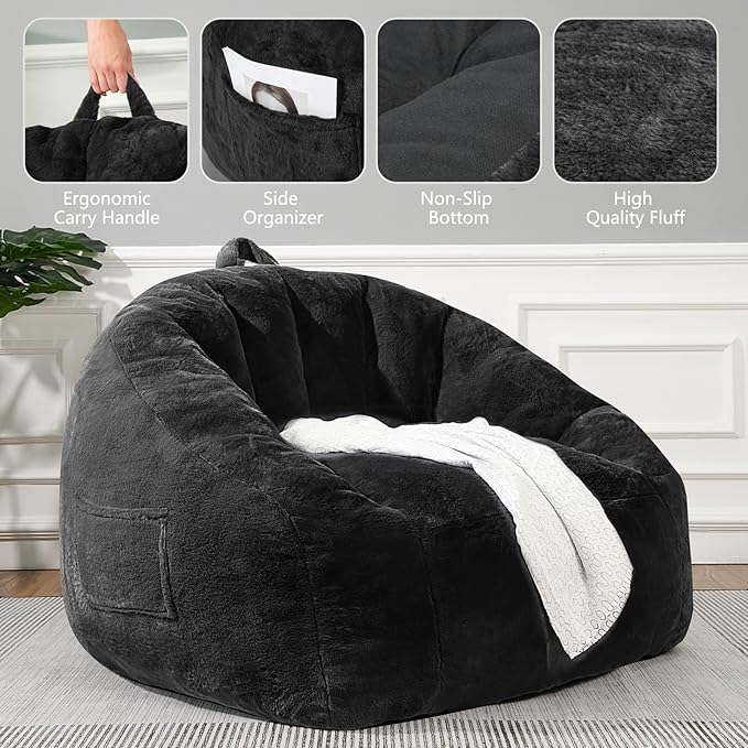 Giant Plush Bean Bag Chair for Adults with Armrests, BeanBag Couch Filler with Memory Foam, Faux Fur Comfy Bean Bag Chair, Anti-Slip Accent Chair Gaming and Reading, Black