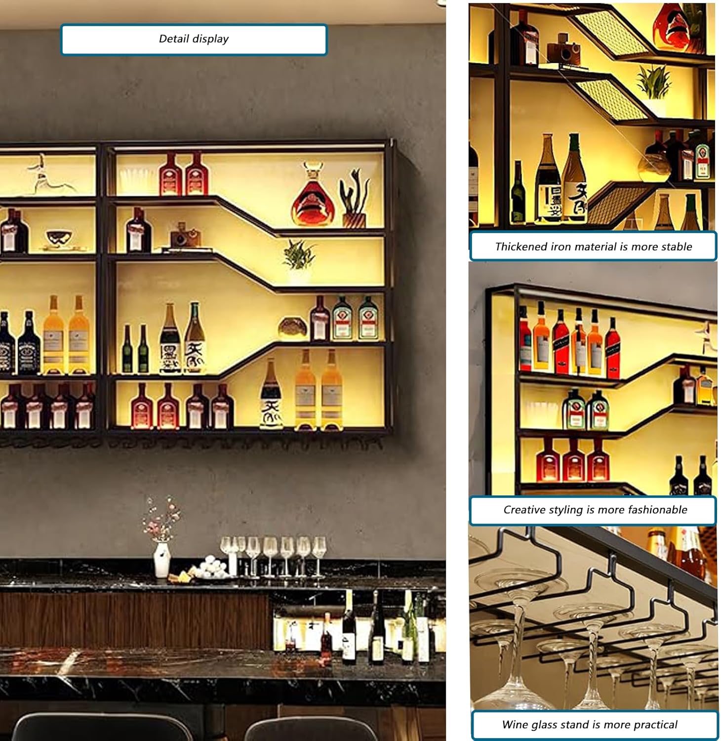 118in Wall Mounted Wine Rack with LED Light, 5-Tiers Liquor Bottles Display Shelf with Glasses Holder, Metal Home Bar Shelves with Industrial Iron Frame for Kitchen (Black, 118in/9.84ft)