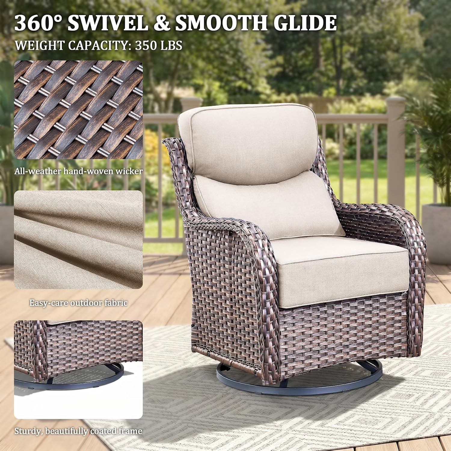 Luxury Swivel Rocker Chairs Fire Pit Table Set with 6" Thick Cushion 4 piece Wicker Outdoor Patio Chair with Sofa,Comfortable High Back Outdoor Patio Furniture Set - Brown | Beige