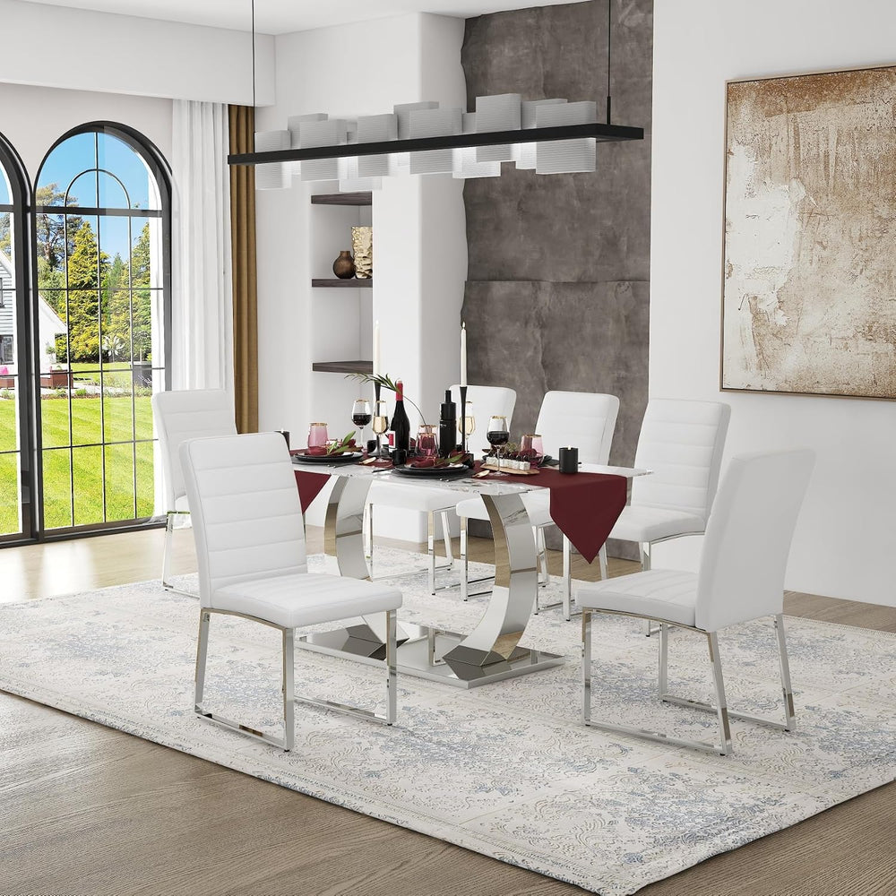 Modern Dining Chairs Set of 6, White Faux Leather Kitchen Chairs, Upholstered...