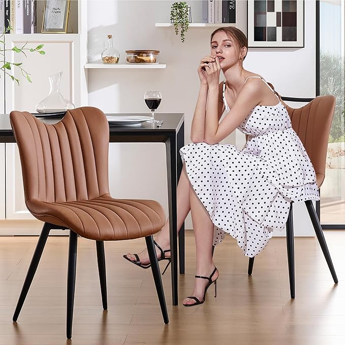 Leather Upholstered Dining Chairs Set of 2, Mid-Century Modern Kitchen Dining Room Chairs with Black Metal Legs, Armless Faux Leather Accent Dinner Chairs Kitchen Side Chairs, Camel
