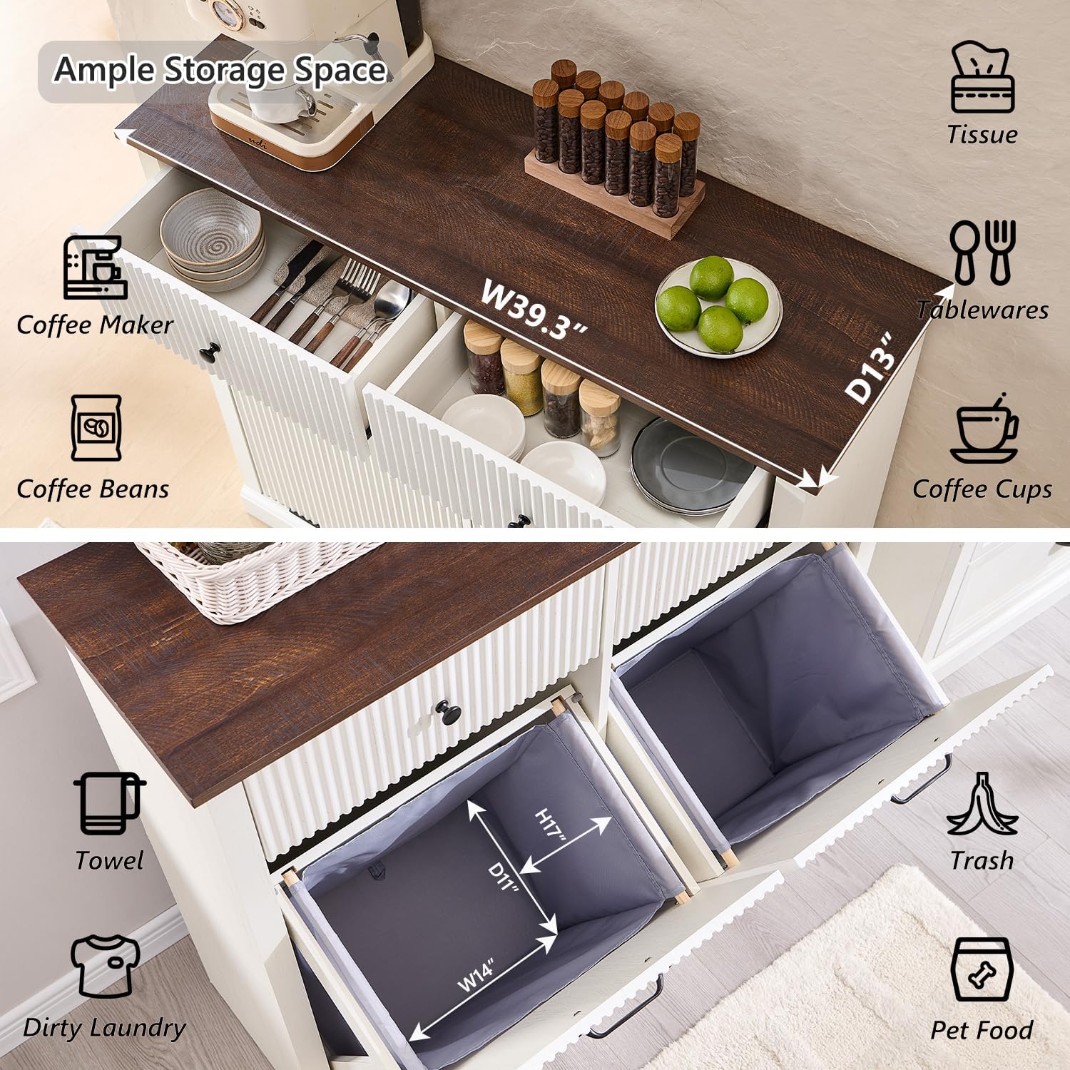 Modern Double Tilt-Out Laundry Hamper Cabinet, 20 Gallon Fluted Trash Can Cabinet w/2 Drawers, Wooden Hidden Garbage Can Cabinets with Laundry Basket, for Bathroom and Kitchen, Antique White