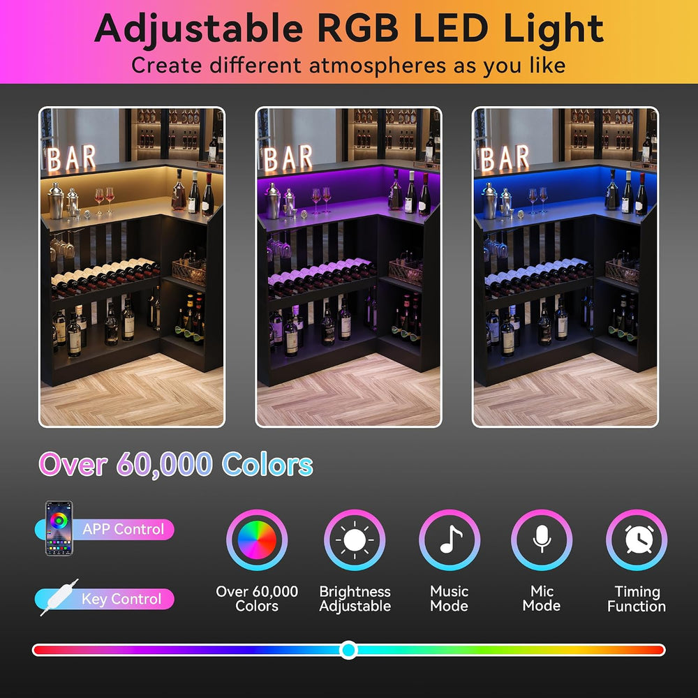 L Shaped Bar Table with LED Light, 4-Tier Corner Wine Bar Cabinet with Stemwa...